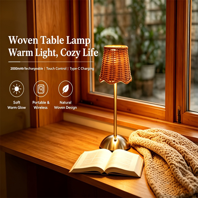 Room Decor Lighting Lamp - Lampu Meja Seni Anyaman Rotan Bohemian,